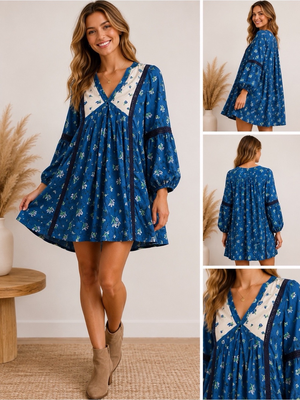 Matilda Jane Blue Floral Tunic Dress Large Boho Crochet Trim Rayon Cottagecore